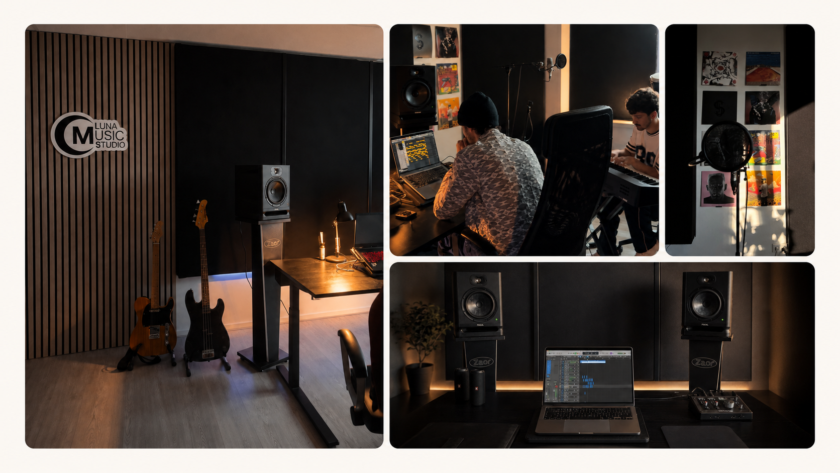 De studio met het Luna Music-logo, gitaren en studiomonitor — deel 1 van 2