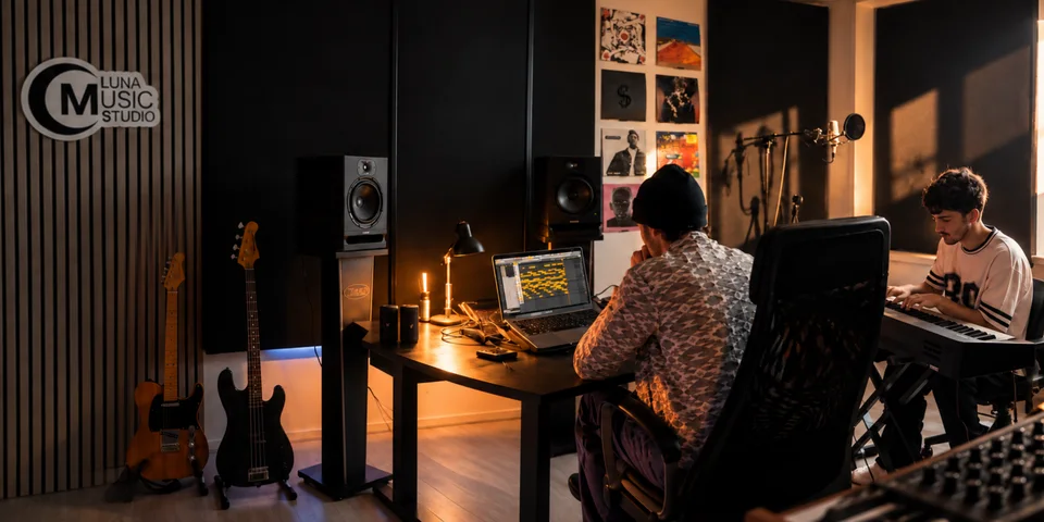 Muziek maken in de Luna Music-studio, met het logo op de houten wand